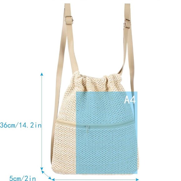 Women Straw Woven Small Backpack Drawstring Shoulder Bag for Daily Use - Picture 2 of 7
